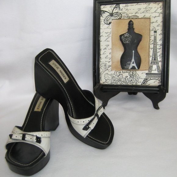 STEVE MADDEN Bianka Leather platform Sandals Black/White Size 8M - Picture 1 of 8